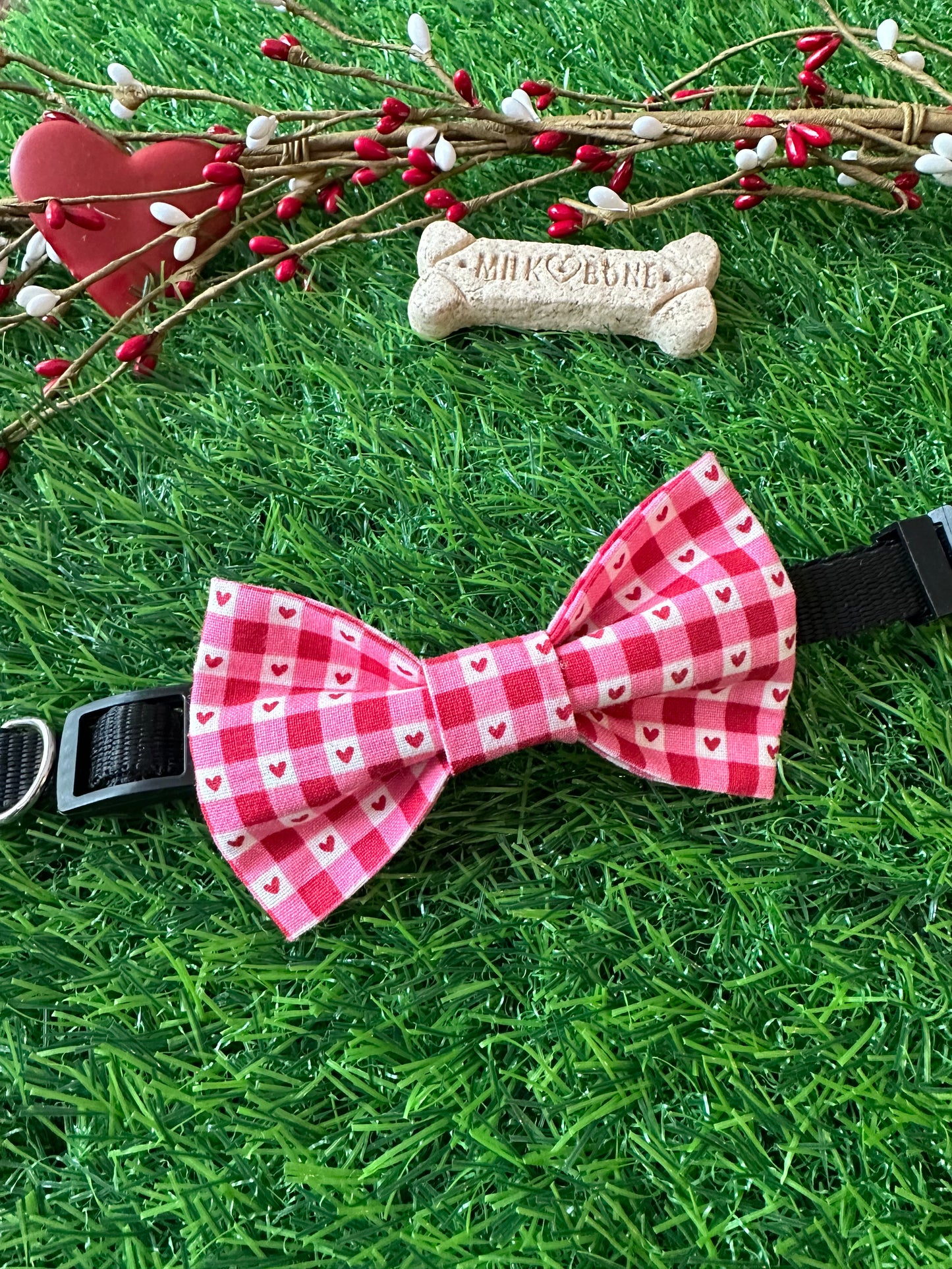 Red Hearts on Pink and Red Plaid Bow Tie