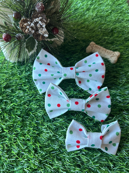 Red and Green Polka Dots on White Bow Tie