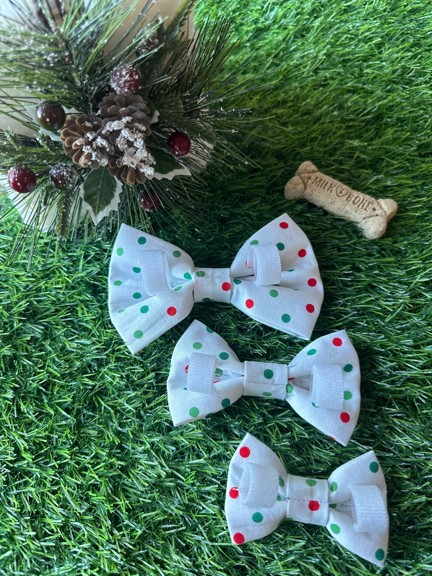 Red and Green Polka Dots on White Bow Tie