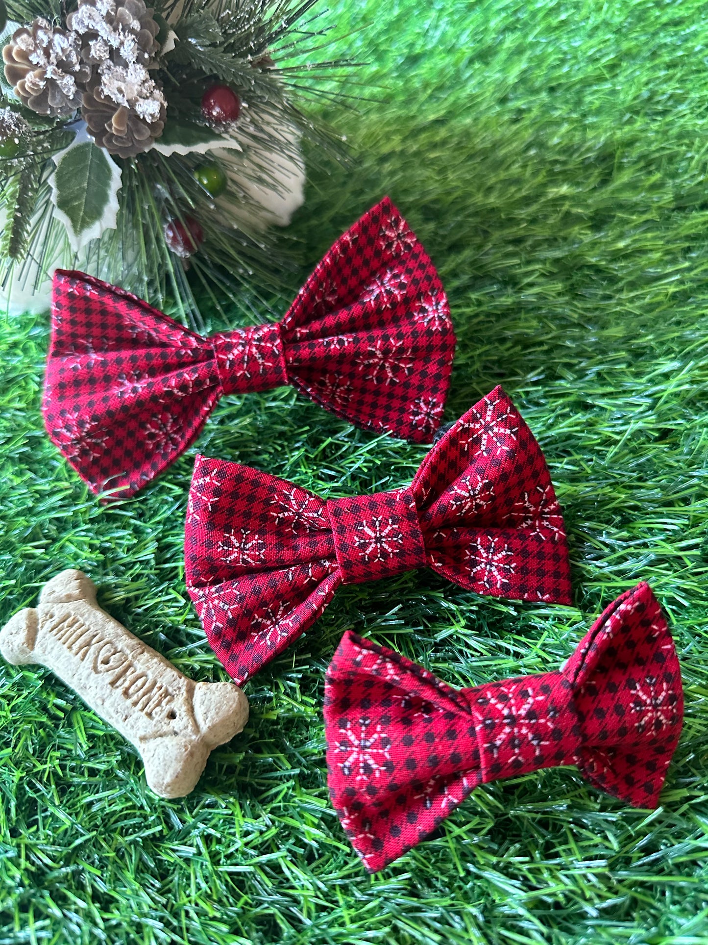 White Stitched Snowflakes on Red Bow Tie