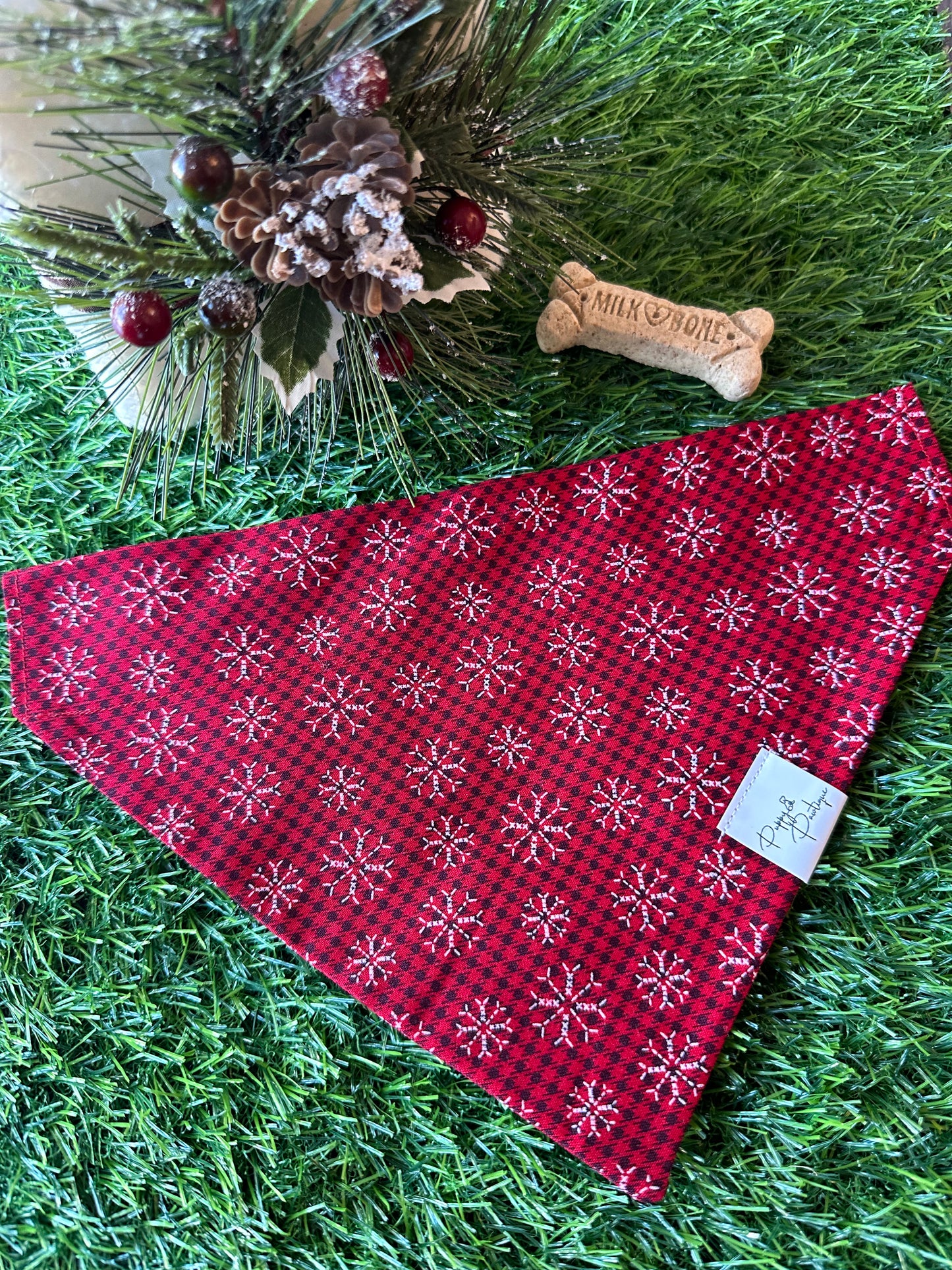 White Stitched Snowflakes on Red Dog Bandana